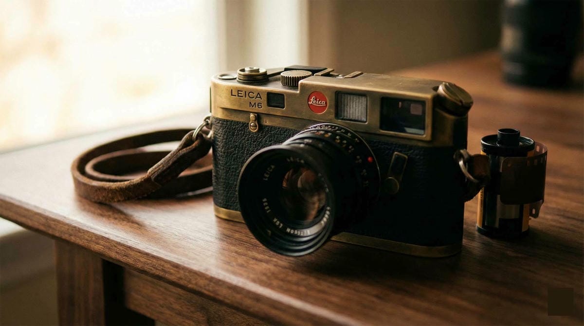 特寫鏡頭拍攝放置在胡桃木桌上的 Leica M 旁軸相機,柔和溫暖的燈光,紅色標誌清晰可見,散發復古奢華感 / Close up of a Leica M rangefinder camera sitting on a walnut wooden table, soft warm lighting, vintage luxury vibe.